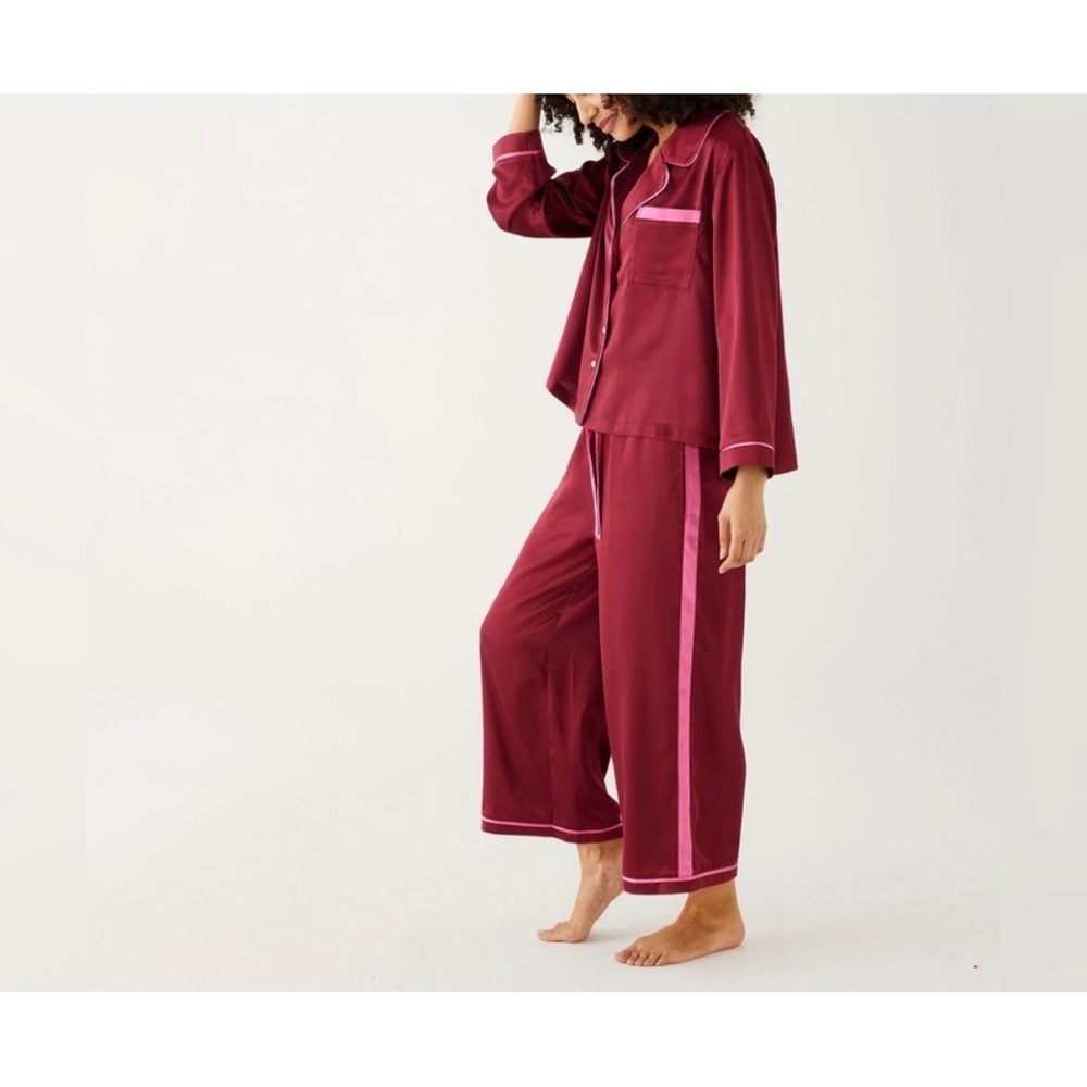 Mersea Satin Sailor Pajama Set Medium Garnet Red Long Sleeve Wide Leg Pants